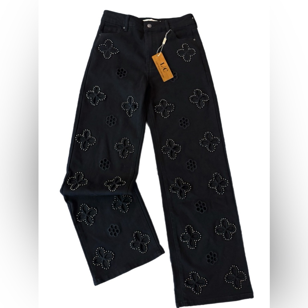 LC Lizette Collection Black Studded Floral Cutout Wide Leg Jeans - Size L - Picture 3 of 8